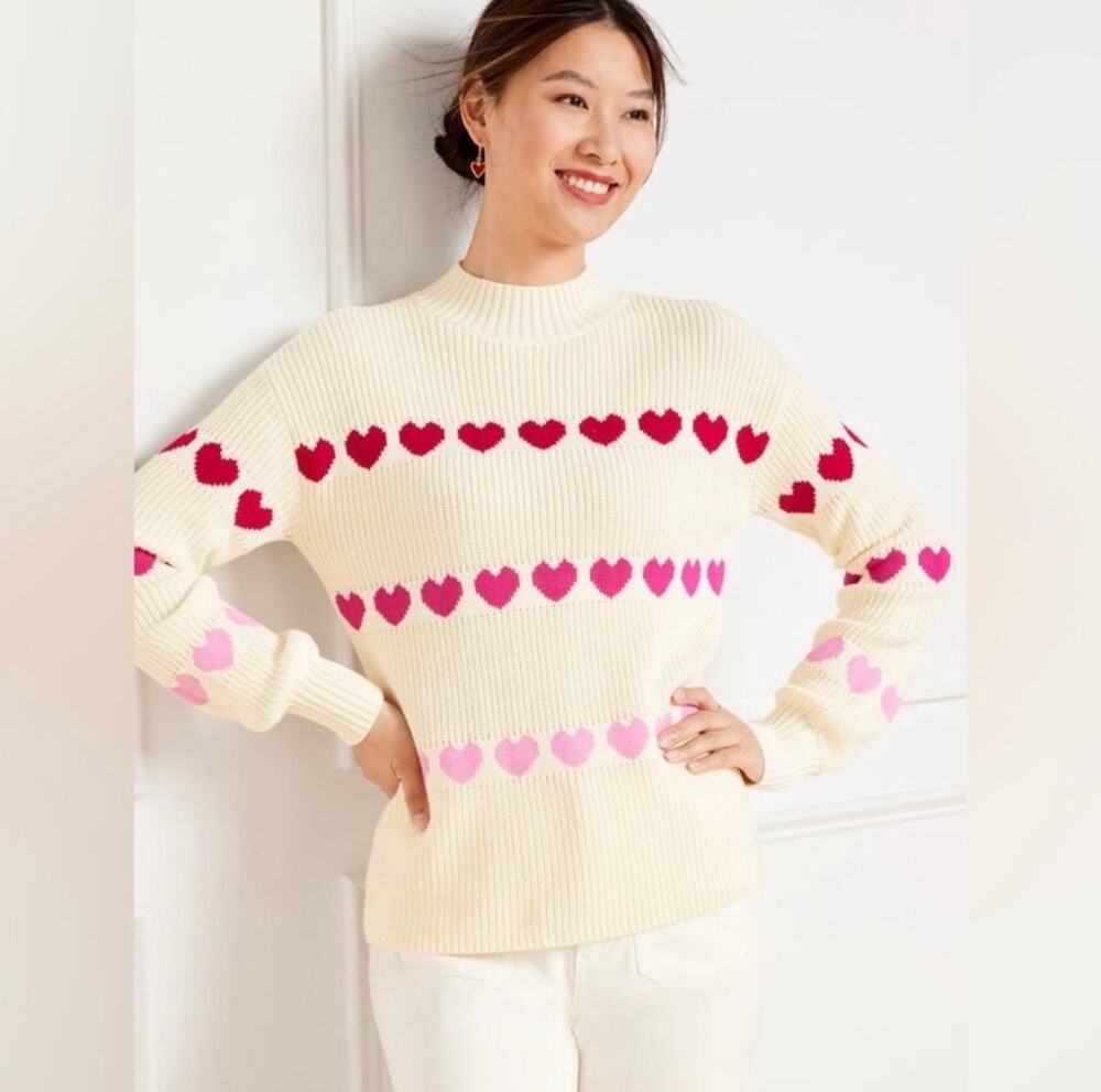 Talbots Shaker Knit, Mock Neck Sweater, Heart  Print, Large